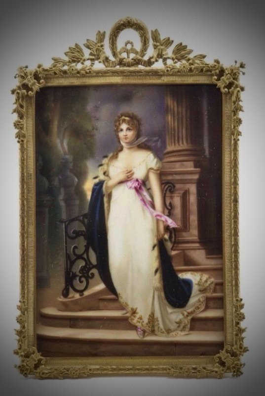 19TH CENTURY PORCELAIN PLAQUE WITH ORMOLU FRAME: A very finely hand painted 19th century German porcelain plaque, 5.25" x 3.75" inset in a gilt bronze frame .Estimate $1.000-1.200