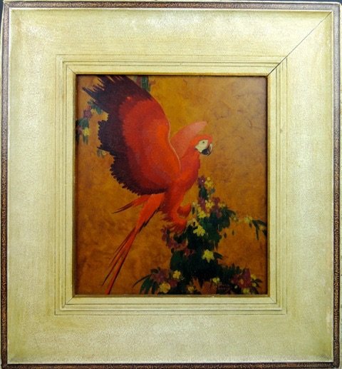 OIL PAINTING SIGNED STARK DAVIS: Stunning “Parrots” O/B signed Stark Davis. C.1930 18 1/2” x 20” framed size. 13” x 11” painting. Stark Davis was born in Boston, Massachusetts in 1885. He lived and painted in Chicago, Ill