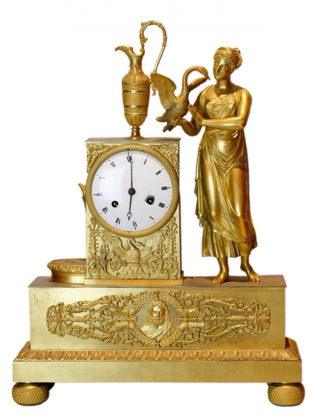 19TH CENTURY EMPIRE DORE BRONZE CLOCK: An imposing First Empire ormolu clock circa 1820 , measures 21" high, 16" wide, excellent condition Estimate $1.500-2.000