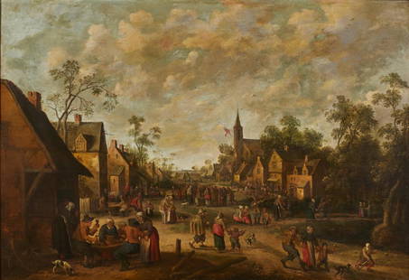 Joost Cornelisz Droochsloot 17C Dutch Oil Painting: Joost Cornelisz Droochsloot (Dutch, 1586-1666) oil painting. Village Kermesse with figures in a festive village town square by Dutch Golden Age painter Joost Cornelis Droochsloot. The 17th century Dut