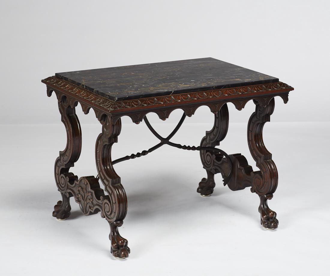 Carved 1920's Italian Walnut Iron Marble Top Table (1 of 5)