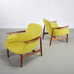 Pair of Finn Juhl Teak NV-53 Danish Lounge Chairs: Pair of Finn Juhl Teak NV-53 Lounge Chairs. The Niels Vodder Danish teak chairs retain the original wool upholstery and horsehair stuffing. Signed with branded manufacturer's mark to underside of each