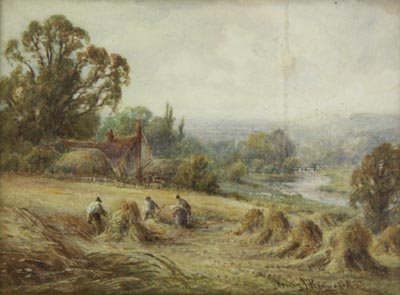 Henry Kinnaird British 19C Watercolor Landscape: Henry John Kinnaird (19-20 C) British. "Landscape with Haystacks". Watercolour. 5 3/4" x 7 3/4". Good condition with a slight bit of toning, mostly near the upper edge of the mat. Framed in the origin