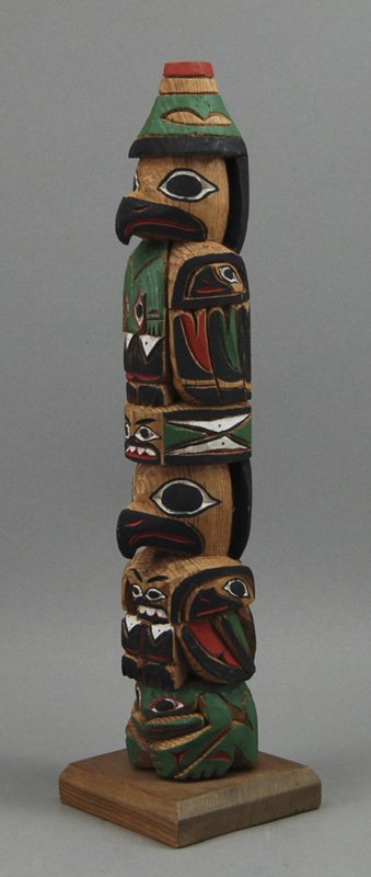 Amer. Indian Northwest Coast F. Williams Totem Pole: Northwest Coast Polychrome Decorated Carved Native American Indian Totem Pole signed by Frank Williams. Signed on the back. Good condition. Measures 13" high