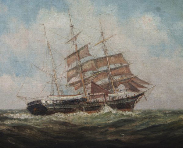 F L Hunter - Whaling Ship Andrew Hicks Oil Painting: F. Leo Hunter 1924 Painting of Whaler Andrew Hicks. Frederick Leo Hunter, 1858-1943, oil on canvas and signed lower right "F. Leo Hunter 1924" with original brass label. Label is inscribed "Old Whaler