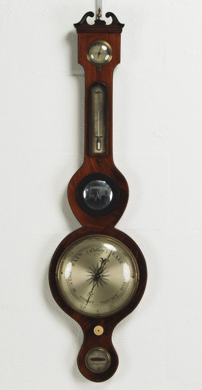 P. Nicho Liverpool Eng. 19C Inlaid Wheel Barometer: English 19C Mahogany Inlaid Wheel Barometer P. Nicho. Liverpool The 19 C. mahogany inlaid Chippendale style wheel barometer has an oval convex mirror in the center. The nickel plated brass dials are i