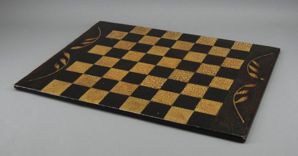 Paint Decorated 19C Folk Art Primitive Game Board: Paint Decorated 19C Game Board The board has yellow and brown squares with a branch with leaves decoration on each end. Old vanish finish is heavily alligatored, nail hole in one end. Measures 18 1/2"