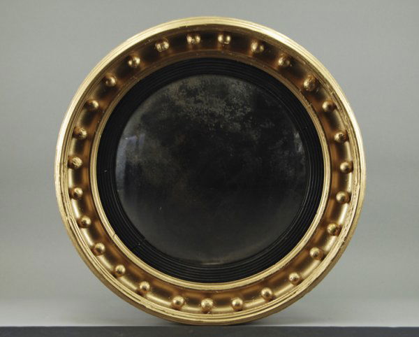 Early 19C Ornate Bullseye Convex Boswell Mirror: Early 19C Boswell Round Convex Mirror. The mirror has had extensive repainting and repair, but retains the old period Boswell label on reverse.The mirror is discolored and the gold finish is not origi