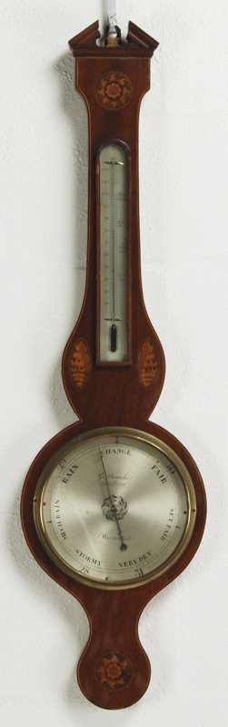 G. Bianchi Salisbury 19C. Inlaid Wheel Barometer: G. Bianchi Salisbury 19C. Inlaid Mahogany English Wheel Barometer . In good condition. Measures 38 1/4 long and 10" wide.