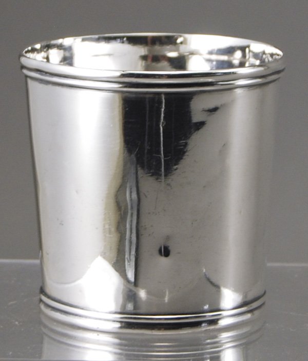 Coin Silver 18th C. Henry J. Pepper Beaker - PA .: Coin Silver 18 C. Henry J. Pepper Beaker. The simple coin silver beaker is marked H. J. Pepper on the bottom, an 18th C. Philadelphia maker. The beaker is in good condition with a small crease and two