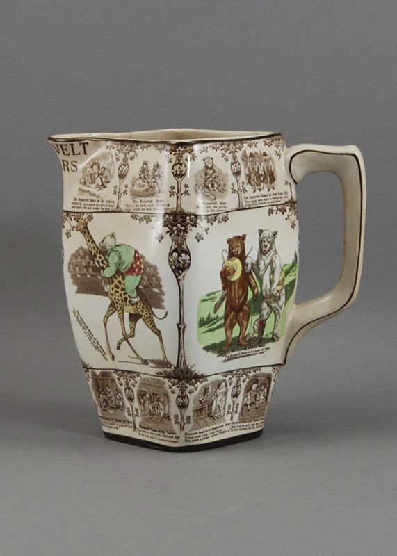Teddy Roosevelt 1907 Buffalo Pottery Bear Pitcher: Buffalo Pottery 1907 Roosevelt Bears Teddy Bear Pitcher. The rare Roosevelt Bears teddy bear pitcher depicts multiple scenes of various bears entertaining themselves. The pitcher has two barely visibl