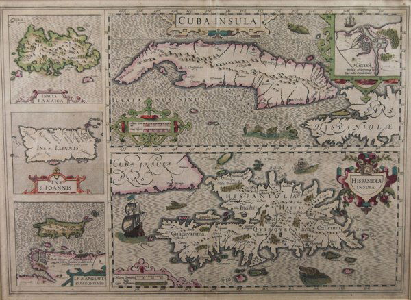 Insula Cuba 1615 Caribbean Islands Map by Mercato: Hand Colored 17C. Caribbean Islands Map by Gerard Mercator. Circa 1615 Cuba insula. Hand colored copper plate engraved map by Gerard Mercator is in excellent condition with no damage or repair. The ma