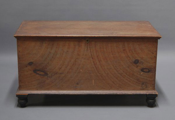 Grain Painted Antique 19th C. Pine Blanket Chest: Grain Painted 19C Pine Blanket Chest. The 19C grain painted dove-tailed chest is set on four original compressed ball feet with nicely shaped molded top and base. In good condition. Measures 26" high