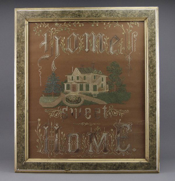 Antique Home Sweet Home 19th C. American Sampler: Home Sweet Home 19th Century Sampler. The 19 C. punchwork foil-backed sampler is titled "Home Sweet Home" and depicts a lovely home in a natural setting with the original gilt decorated frame in good