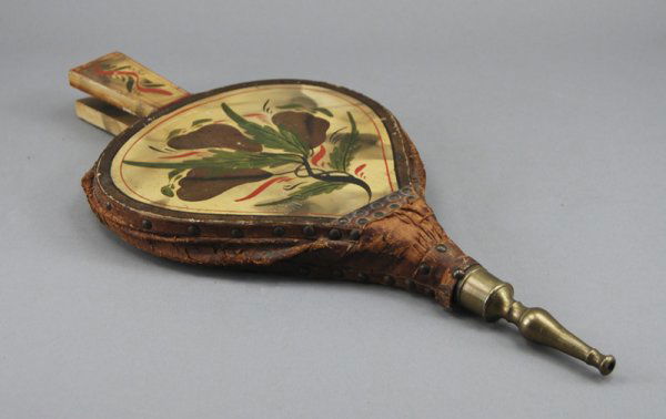 Folk Art Paint Decorated 19C Leather 18" Bellows: Paint Decorated 19C Bellows The bellows have the original yellow smoke background with fruit and leaves on the front, original leather with wear from normal use. Tight secure hairline on back handle.