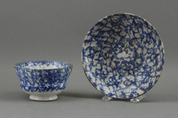 Blue 19th C. Spongeware Pottery Cup & Saucer: Blue 19C Spongeware Cup and Saucer. The handleless cup and deep saucer is in good condition. Measures 3" high, 6" dia.