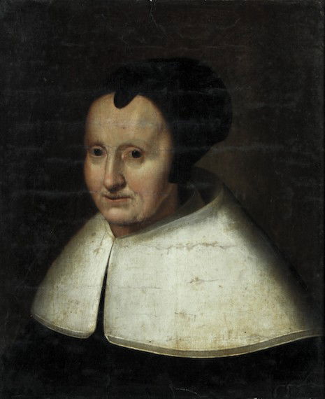 Dutch 17th Century Portrait of Woman Oil Painting: Dutch 17th or 18th century painting of an elderly and austerely dressed woman with a lovely luminous, kind face. The very early Dutch oil on canvas painting with a mysterious Dutch Master or Vermeer l