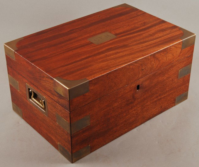 Benson & Hedges 1901 Cigar Tobacco Humidor 14" Box: Benson & Hedges campaign style cigar tobacco humidor. The mahogany brass mounted humidor has a copper and tin lined interior, with brass corners and brass plate monogram, C.E.M. The box retains the or