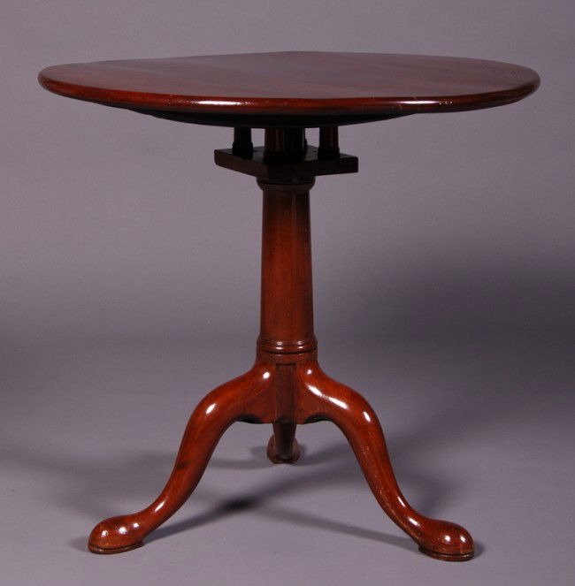 English 19C Mahogany Bird Cage Tilt Top Table: English 19th century mahogany birdcage Tilt Top table. Table has solid mahogany round top which has a old re-glued crack in it. The table has some old repairs. The bird cage is in good working conditi