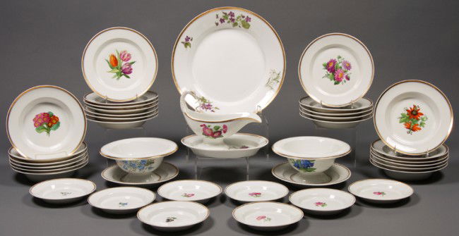KPM Handpainted Porcelain Partial 36pc. Dinner Set: Fine 36 piece handpainted KPM porcelain partial dinner set. The KPM partial dinner set consists of a deep round 14" serving dish, two 9 ½" round vegetable dishes with attached under plates. There are