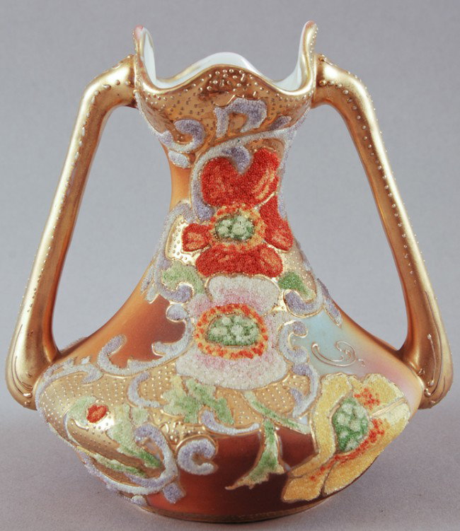 Nippon Coralene Floral Porcelain Vase: Hand Painted Nippon Coralene Floral Vase. This hand painted Nippon gilt coralene floral decorated 2-handled cabinet vase is in good condition. It has the purple Japanese character Nippon mark and is d