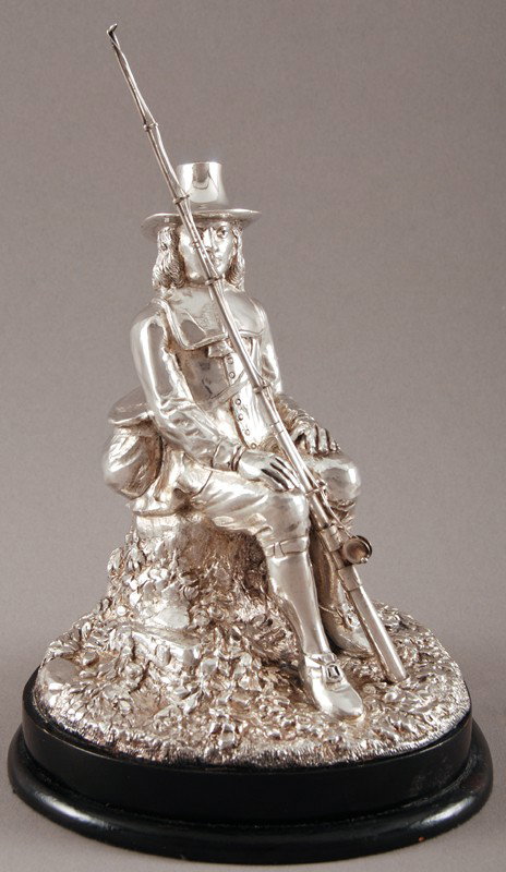 English Sterling Isaac Newton Fishing Figure: English Sterling Isaac Newton Sculpture. Hallmarked London. Engraved #3 on back. Maker's hallmark is EB. The sculpture was commissioned in 1972. Comes with all the provenance about the sculpture along