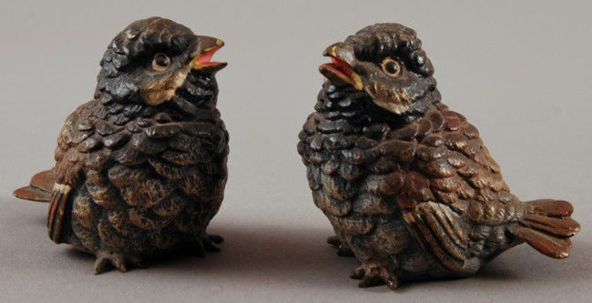 Pair Austrian Cold Painted Bronze Birds: A pair of cold painted bronze fat little sparrows seated. Good condition. Measures 1 3/4" x 2". Sold together as one lot