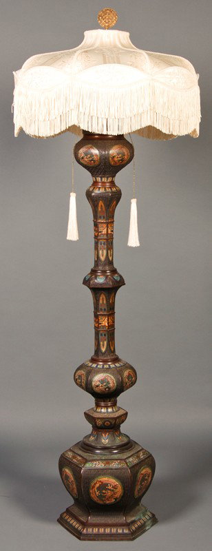 Japanese Champleve 72" Bronze Floor Lamp w Shade: Japanese Bronze Champlevé Floor Lamp. This Japanese bronze champlevé floor lamp has enameled panels decorating the entire lamp. The lamp in its entirety measures 76" high. Includes a fine custom mad