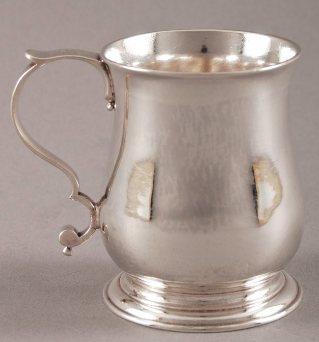London English Sterling 1750 Mug Child's Tankard: A London hallmarked 1750 mug or child's tankard. Presentation engraving underneath bottom rim reads, "To Foster Morrell Coons From His Godfather T.V.H.V.". Tankard weighs 3 troy ounces, and is in good