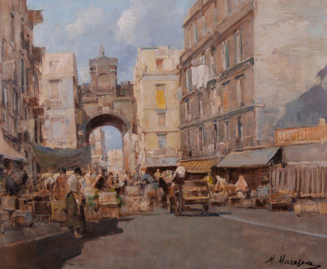 Mario Serra Maresca (1912-1991) Italian Painting: Mario Serra Maresca (1912-1991) Italian. Oil on canvas painting depicts an Italian street market scene. Signed M. Maresca lower right. Painting is in good condition and measures 24" x 34. Frame measur