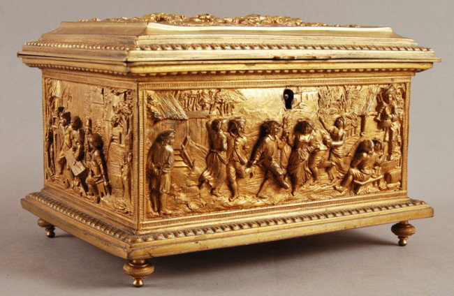 French 19C Embossed Gilt Bronze Jewelry Casket Box: French 19th century ornate gilt bronze high relief jewelry casket. Fine high relief decoration with many different scenes of people at their daily tasks and revelry. Measures 4 1/4” high, 6 1/4” w