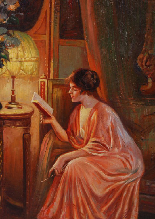 Delphin Enjolras 1857-1945 French Oil Painting o/p: Delphin Enjolras (1857-1945), French. Lady Reading by Lamplight. Oil on wood panel. Signed lower left, D. Enjolas. Painting measures 15" high, and 11 1/2" wide. Original gold frame measures 17 3/4" hi