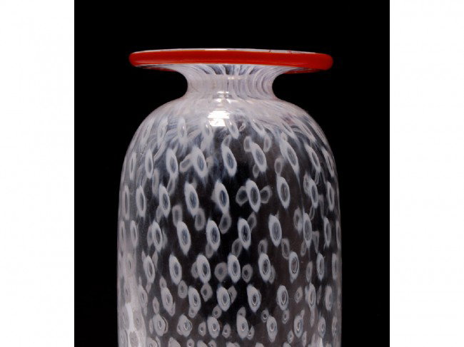 Bertil Vallien - Kosta Boda Art Glass Vase: Bertil Vallien - Kosta Boda Vase. The signed B. Vallien Kosta controlled bubble vase has a red glass rim. In good condition. Measures 6 ¼" high x 3" diameter.