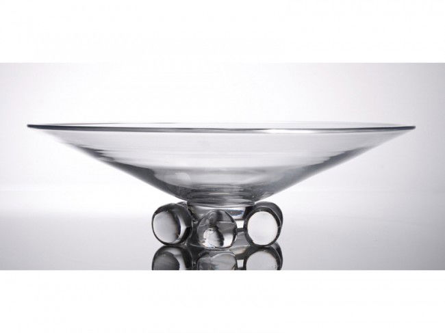 Steuben Crystal Art Glass 12" Low Ball Bowl: Steuben Crystal Flared Bowl with Ball Vase. The Steuben crystal art glass flared bowl is mounted on a six flattened ball feet. It is signed in script on the base Steuben. In good condition. Measures 4