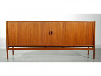 Arne Halvorsen Teak Tambour Sideboard Cabinet: A Teak sideboard with tambour doors by the obscure designer Arne Halvorsen. Produced by cabinet maker J. Jacobsens circa 1959. Fully finished Teak back makes this piece ideal as a room divider. Drawer