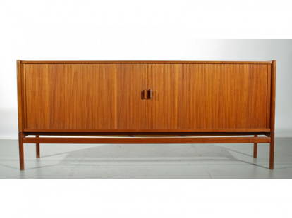 Arne Halvorsen Teak Tambour Sideboard Cabinet: A Teak sideboard with tambour doors by the obscure designer Arne Halvorsen. Produced by cabinet maker J. Jacobsens circa 1959. Fully finished Teak back makes this piece ideal as a room divider.