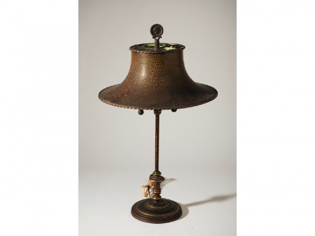 Oscar Bach - Art Deco 1920s - 30's Brass Table Lamp: Oscar Bach style Art Deco lamp has a flared metal shade with some craqueleur and some loss to the paint. The finish has some inconsistencies. The base and finial are brass. Measures 26" high and the s