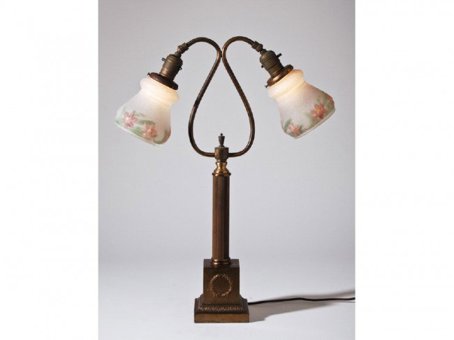 Art Deco Double Gooseneck Lamp with Floral Shade: Art Deco 1920's brass, double gooseneck table lamp has a classic wreath design on the front of the stepped base. The pair of matching shades have embossed interiors with painted floral designs. Measur