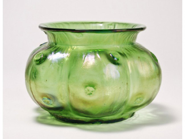 Loetz Rusticana Green Dimpled Art Glass Vase: The Loetz Rusticana vase has a melon form with dimples. In good condition. Measures 4 ½" high x 6 ½" diameter.