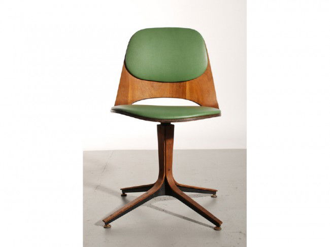 Plycraft 1963 Mid Century Mod. Office Swivel Chair: The Plycraft 1963 - walnut swivel office chair, has green upholstery. In good condition with light wear from normal use and retains the original Plycraft label, dated 1963. Measures 31" high x 18 ½"