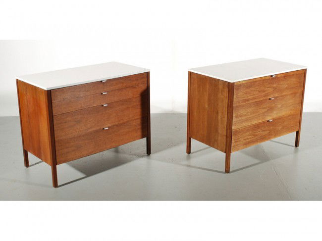 Two Florence Knoll Mid Century Walnut Chests: Two Knoll walnut veneer chests consisting of a four-drawer and three-drawer chests with white laminate top, all with aluminum tab pulls. Knoll Associates labels. Measures 29 1/2" high, 36" wide, 19 1/