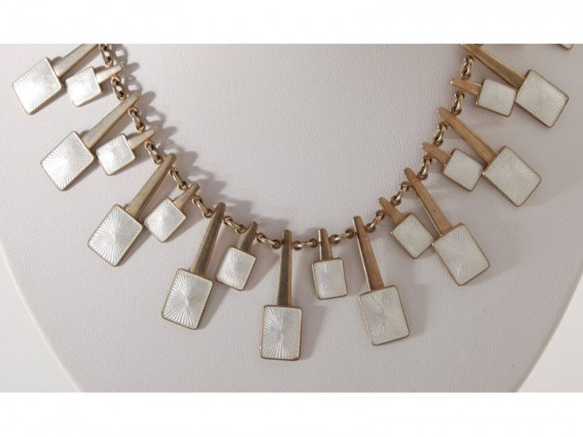 Danish Volmer Bahner - Enamel Sterling Necklace: Guilloche Sterling Necklace is signed VB Sterling, Denmark for Volmer Bahner. Mid Century Modern necklace is in good condition with no damage or repair. Measures 15" long, 1 1/4" high. Weighs 2.3 Ounc