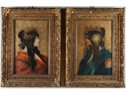 Two Art Nouveau Manner of Mucha Oil Paintings: The set of two oil paintings are in the manner of Alphonse Mucha and are from the late 19th or early 20th century. Unsigned. Painted on embossed gilt leather. The elaborate gilt frames measure 23" x 1