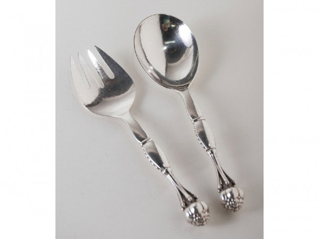 Georg Jensen Sterling #38 Salad Fork Spoon: Large two piece sterling salad serving set marked, Georg Jensen 38 Sterling Denmark. In good condition, no monogram.Measures 9 3/4" long and weighs 7.65 oz.