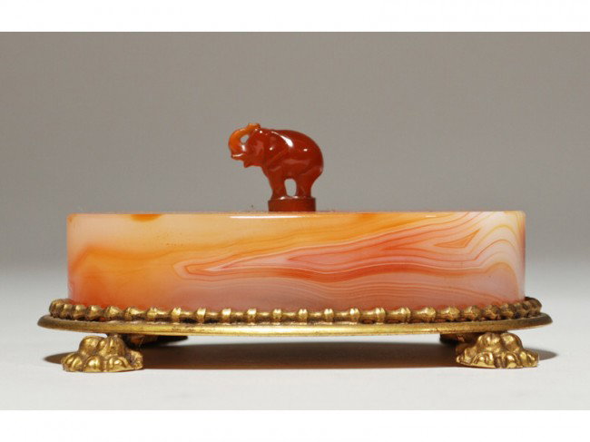 Nicholas Haydon NY Art Deco Carnelian Bell Push : Nicholas Haydon - Art Deco oval carnelian base bell-push. Figural piece is topped with a carved carnelian elephant button, the side of the oval carnelian base has a hole in it for the original wire, w