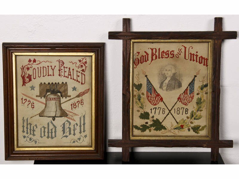 Two 1876 Centennial 19C Antique Samplers in Frames: Centennial 1876 Paper Punched Embroidered Samplers. Both 19th century commemorative punch work samplers are framed in original period walnut frames. One depicts the Liberty Bell and the other depicts