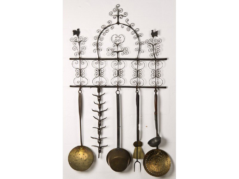 Wrought Iron 19th C. Folk Art Wall Rack Utensils: Wrought Iron Folk Art Cooking Utensil Wall Hanger. The handmade wrought iron scrolled design utensil hanger has two rooster forms at the top with five hooks at the bottom. Included with the set are se