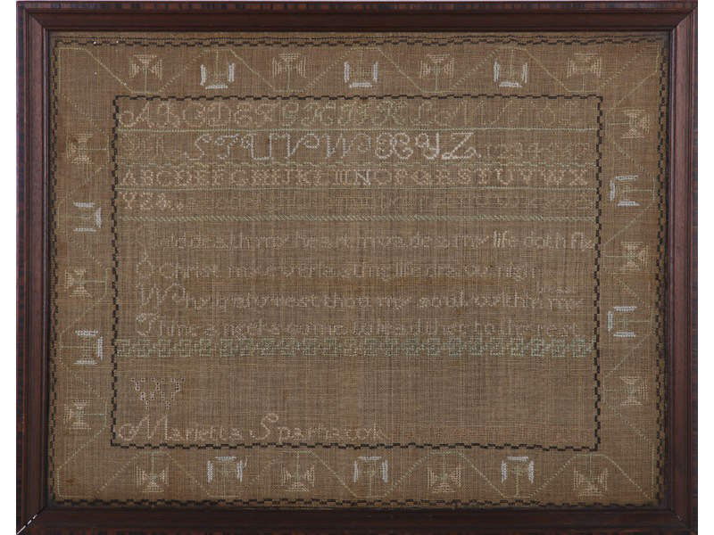 Marietta Sparhawk 1812 Alphabet Verse Sampler: Marietta Sparhawk 1812 Embroidered Alphabet Verse Sampler. The silk embroidered on linen ground sampler has three styles of embroidered alphabets with the verse "Cold death my heart invades my life do