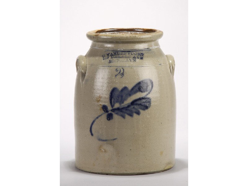 Vandervoort 19C Blue Wash Leaf Decorated Crock: Two Gallon Blue Wash Leaf Decorated 19C Crock. The blue washed crock is impressed with the number 2 and "C. Vandervoort". The two gallon floral decorated crock has an extremely tight hairline on the b