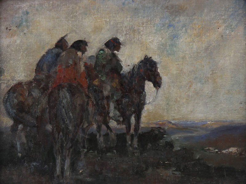 Frank Tenney Johnson N.A. Indians Oil Painting: Attributed to Frank Tenney Johnson N.A. (American 1874-1939) "Indians Overlooking Encampment". Oil on artists board. Unsigned but inscribed on reverse in pencil which appears to read "William Steeny?